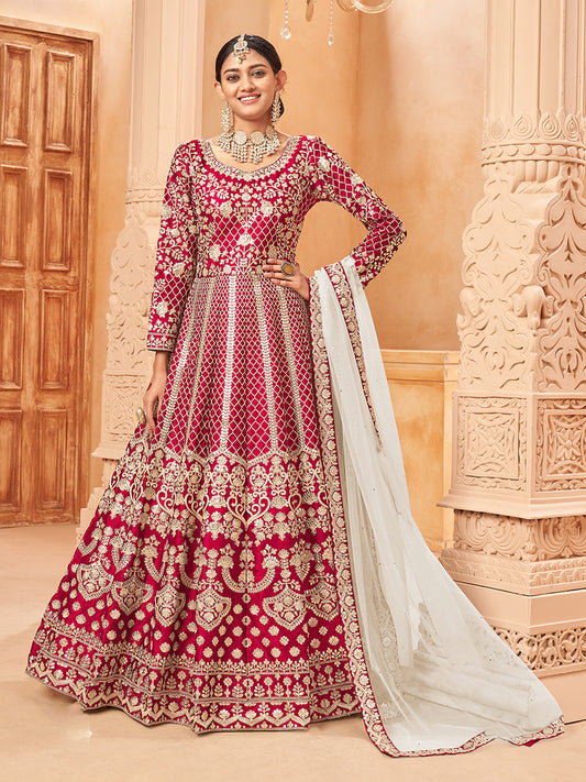Maroon Art silk Embroidered Partywear Anarkali Suit - Monjolika Fashion
