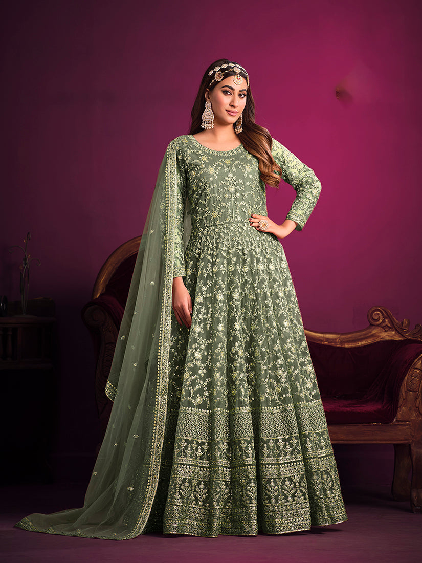 Olive Green Net Embroidered Designer Floor Length Anarkali Suit