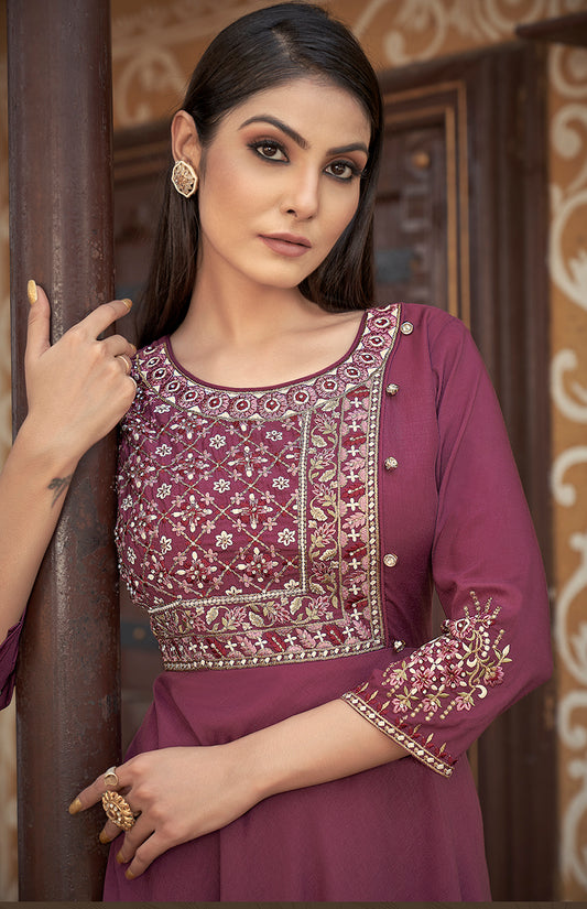 Dark Mauve Color Embroidered Muslin Silk Readymade Gown