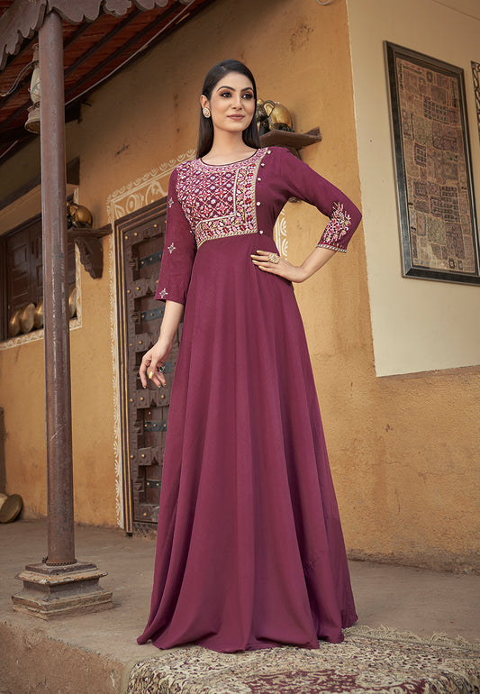 Dark Mauve Color Embroidered Muslin Silk Readymade Gown