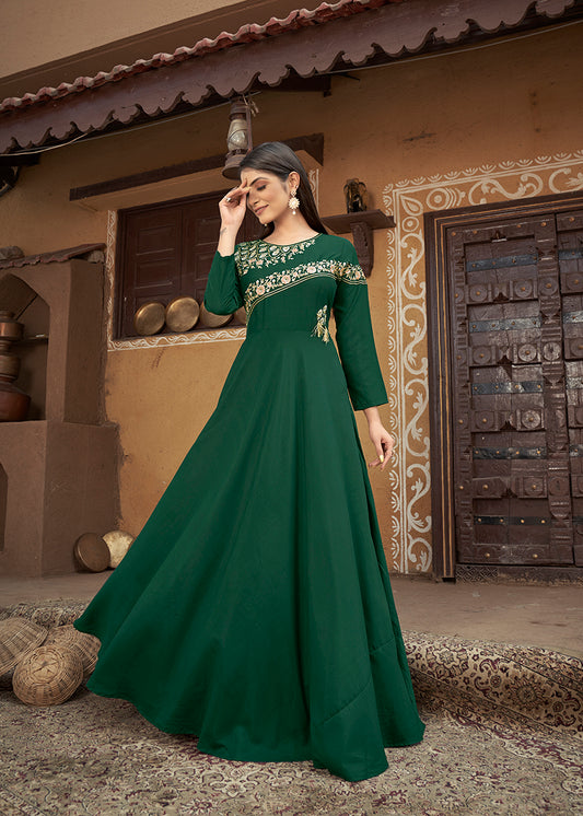 Dark Green Color Embroidered Muslin Silk Readymade Gown