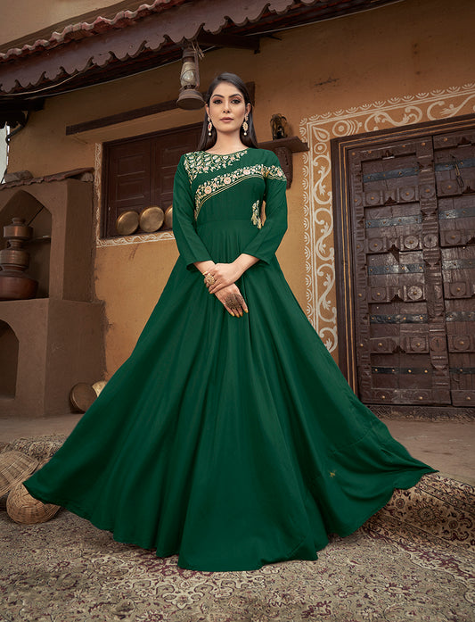 Dark Green Color Embroidered Muslin Silk Readymade Gown