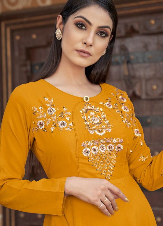 Mustard Color Embroidered Muslin Silk Readymade Gown