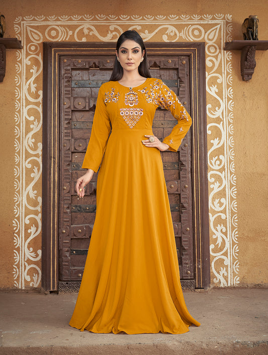Mustard Color Embroidered Muslin Silk Readymade Gown