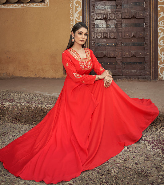 Red Color Embroidered Muslin Silk Readymade Gown