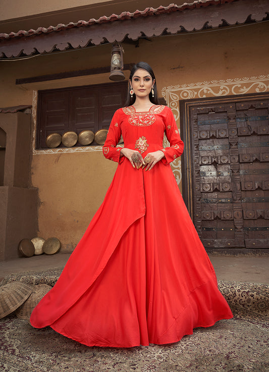 Red Color Embroidered Muslin Silk Readymade Gown