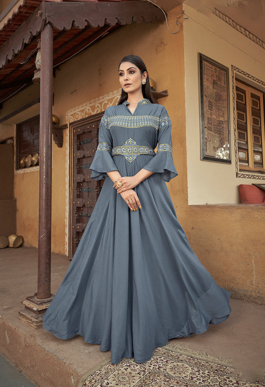 Slate Grey Color Embroidered Muslin Silk Readymade Gown