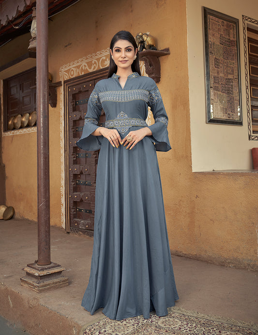 Slate Grey Color Embroidered Muslin Silk Readymade Gown