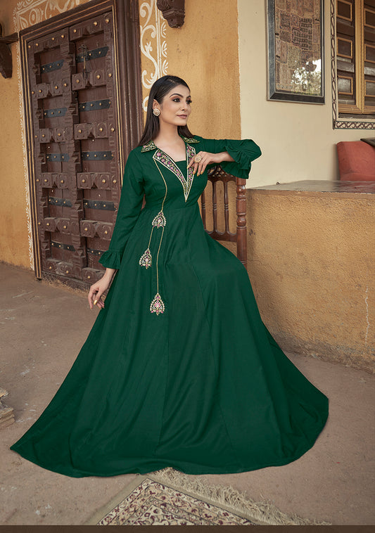 Dark Green Color Embroidered Muslin Silk Readymade Gown