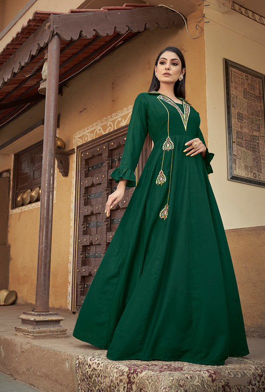 Dark Green Color Embroidered Muslin Silk Readymade Gown