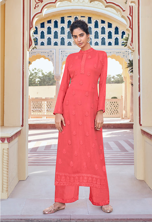 Dark Peach Georgette Embroidered Muslin Pant Style Suit