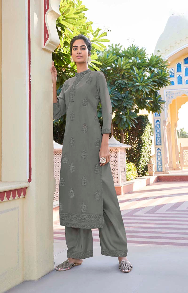 Grey Georgette Embroidered Muslin Pant Style Suit