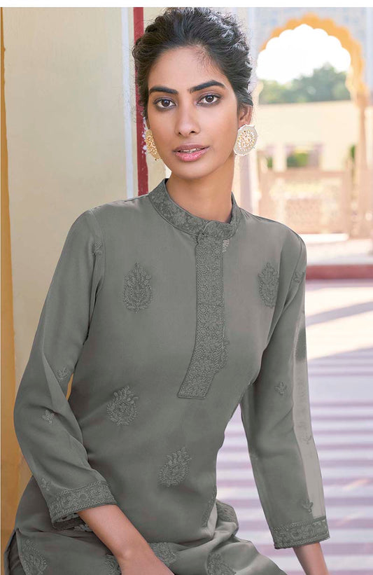 Grey Georgette Embroidered Muslin Pant Style Suit