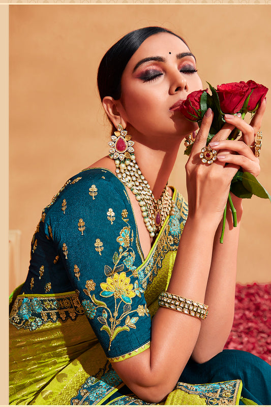 Light Green and Teal Heavy Silk Embroidered Half nd Half Saree