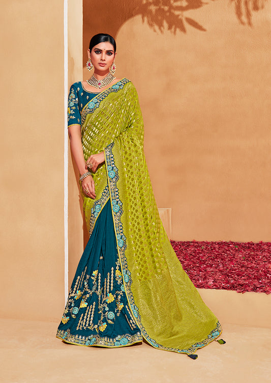 Light Green and Teal Heavy Silk Embroidered Half nd Half Saree