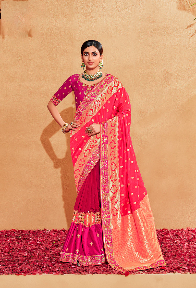 Pink Heavy Silk Embroidered Half nd Half Saree