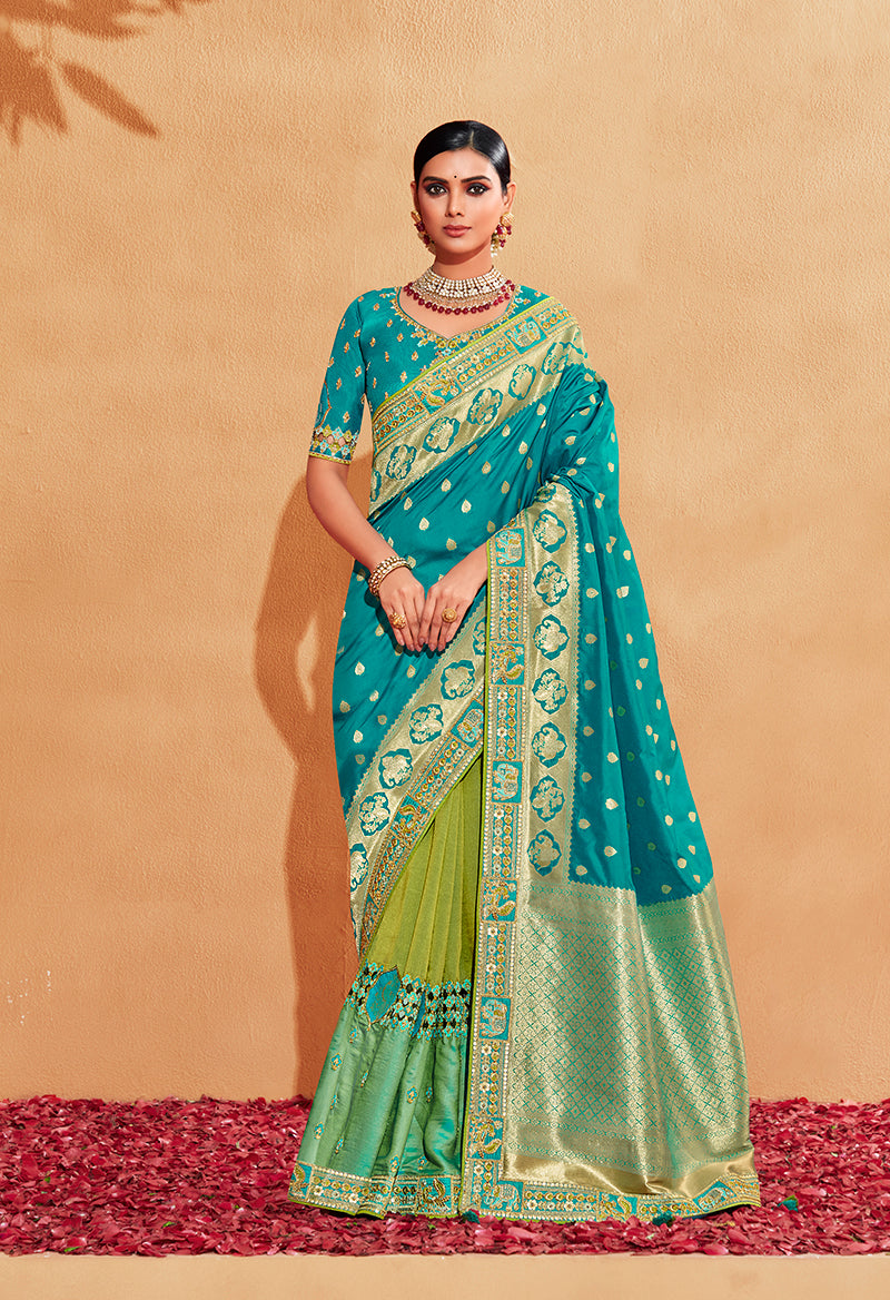 Turquoise And Green Heavy Silk Embroidered Half nd Half Saree