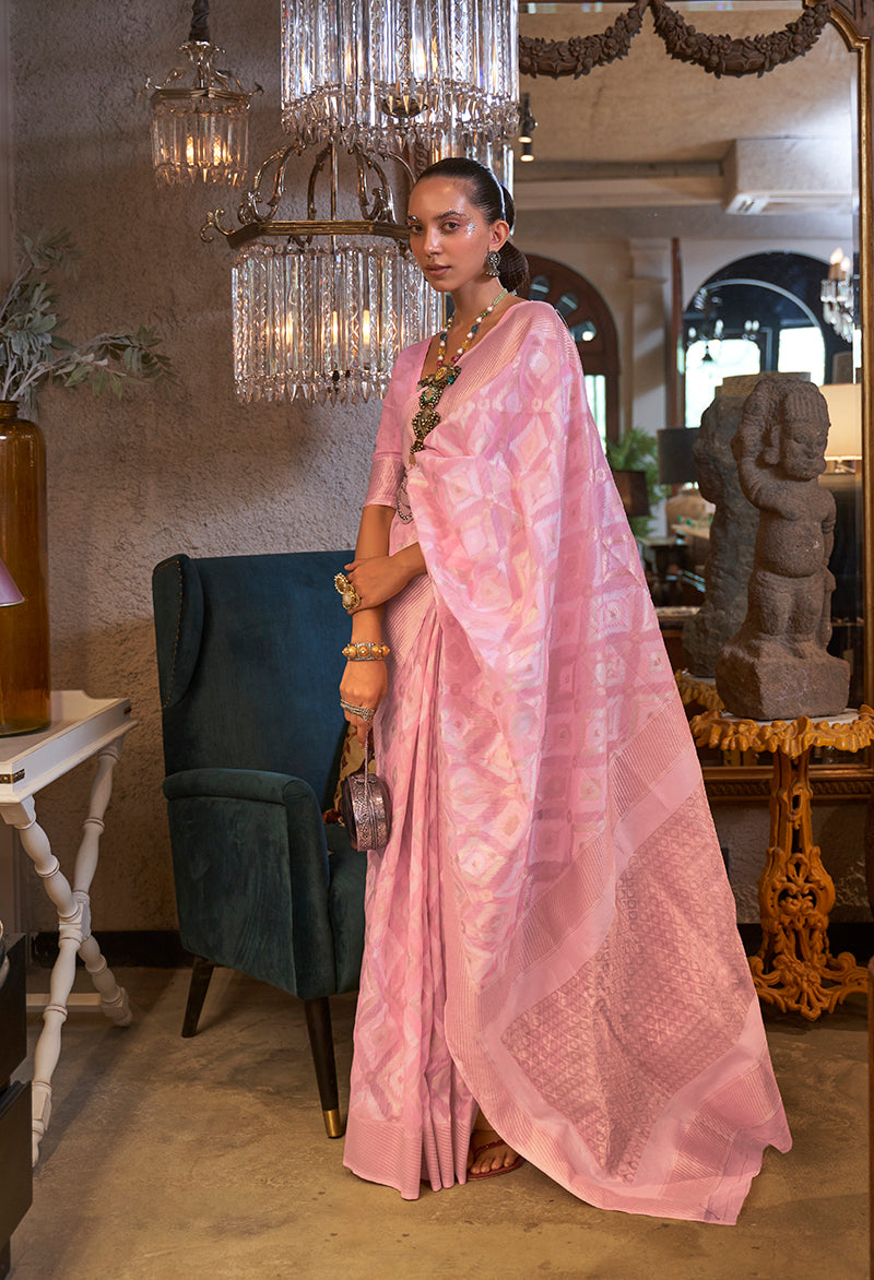Light Pink Linen Zari Woven Classic Saree