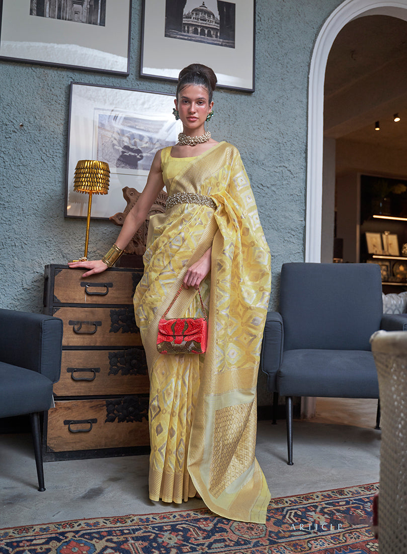 Light Yellow Linen Zari Woven Classic Saree