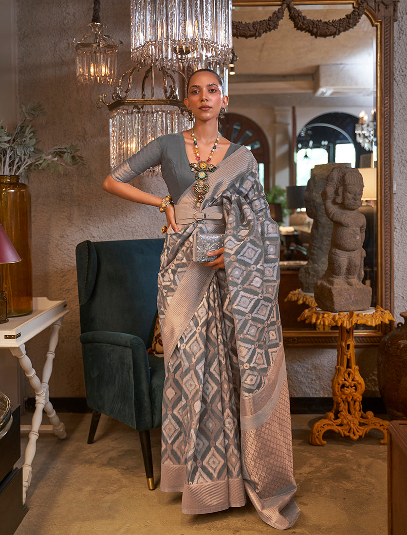 Gray Linen Zari Woven Classic Saree