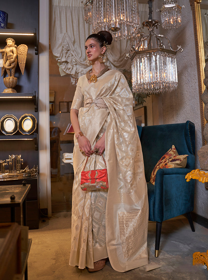 Cream Linen Zari Woven Classic Saree