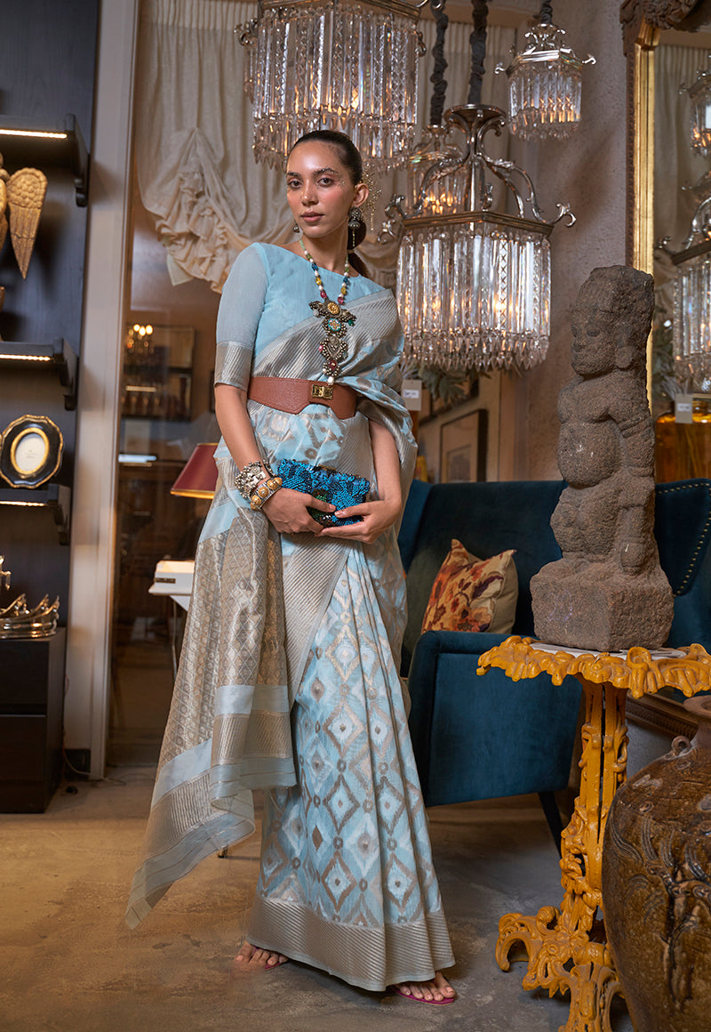 Sky Blue Linen Zari Woven Classic Saree
