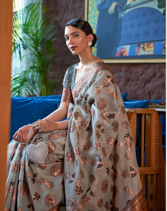 Light Gray Organza Silk Zari Woven Traditional Saree