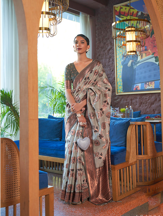 Light Gray Organza Silk Zari Woven Traditional Saree