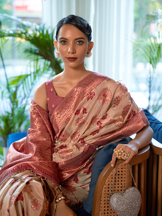 Light Beige Organza Silk Zari Woven Traditional Saree