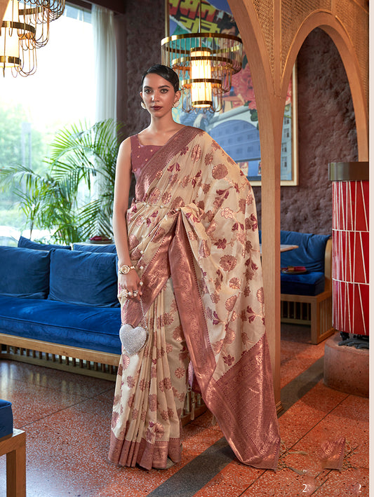 Light Beige Organza Silk Zari Woven Traditional Saree
