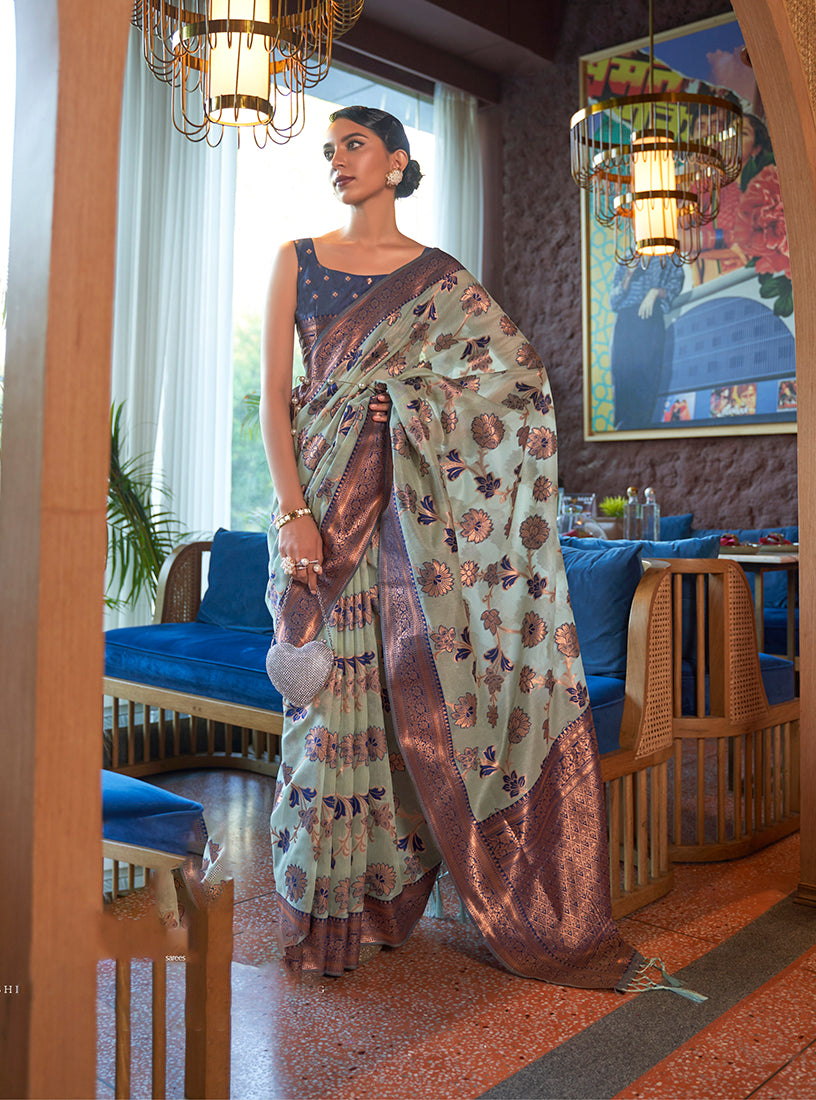 Light Sea Green Organza Silk Zari Woven Traditional Saree