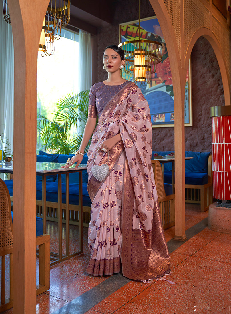 Light Pink Organza Silk Zari Woven Traditional Saree