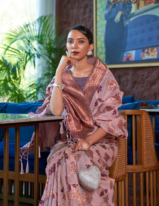 Light Pink Organza Silk Zari Woven Traditional Saree