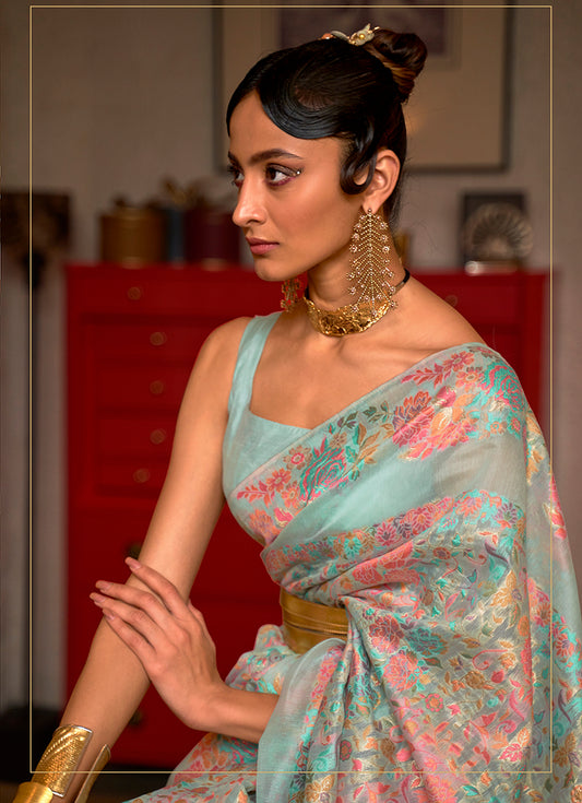 Sky Blue Silk Floral Motif Woven Traditional Saree
