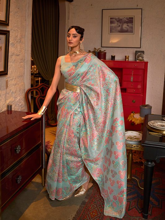 Sky Blue Silk Floral Motif Woven Traditional Saree