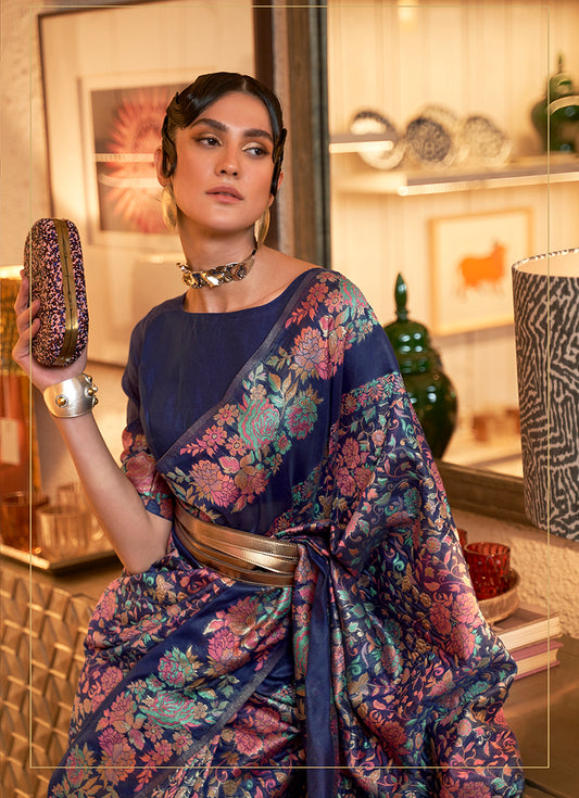 Navy Blue Silk Floral Motif Woven Traditional Saree
