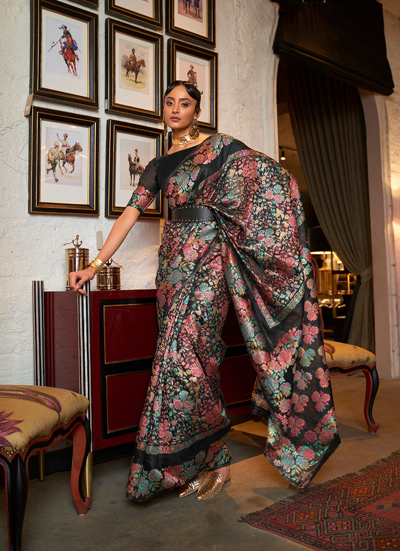 Black Silk Floral Motif Woven Traditional Saree