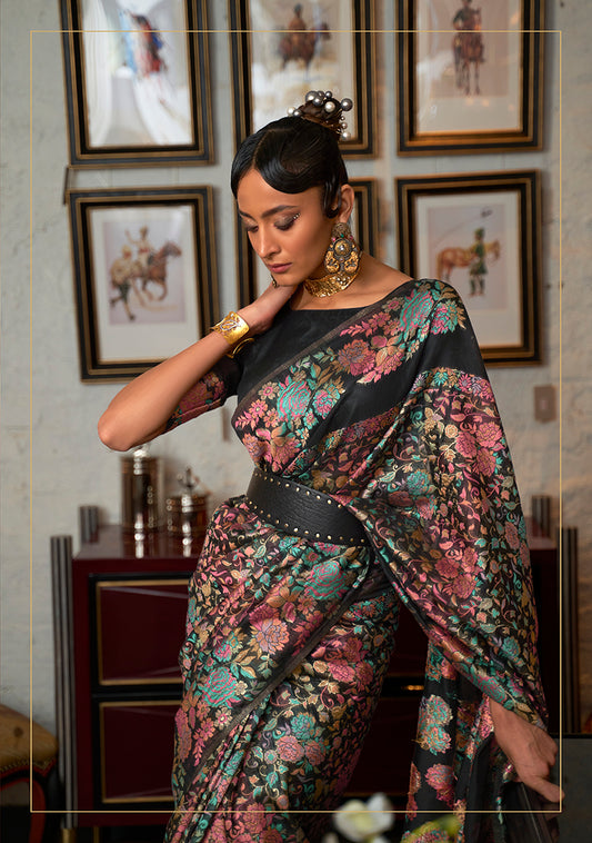 Black Silk Floral Motif Woven Traditional Saree