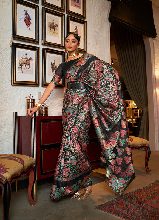 Black Silk Floral Motif Woven Traditional Saree