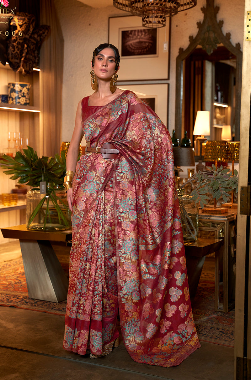 Maroon Silk Floral Motif Woven Traditional Saree