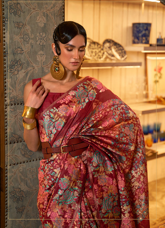 Maroon Silk Floral Motif Woven Traditional Saree