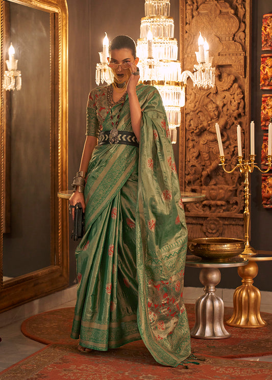 Light Green Shimmery Woven Silk Trendy Saree