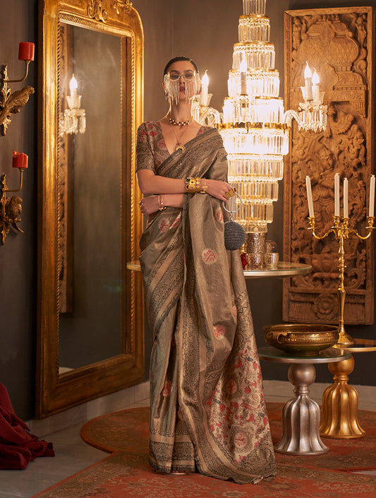 Light Brown Shimmery Woven Silk Trendy Saree