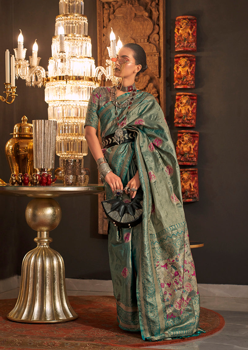 Light Teal Shimmery Woven Silk Trendy Saree