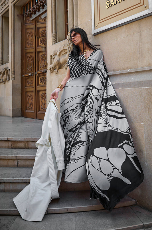 Gray Satin Silk Saree with Vibrant Digital Prints