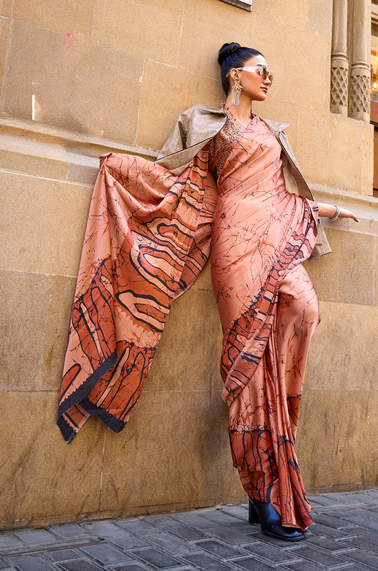 Coral Satin Silk Saree with Vibrant Digital Prints