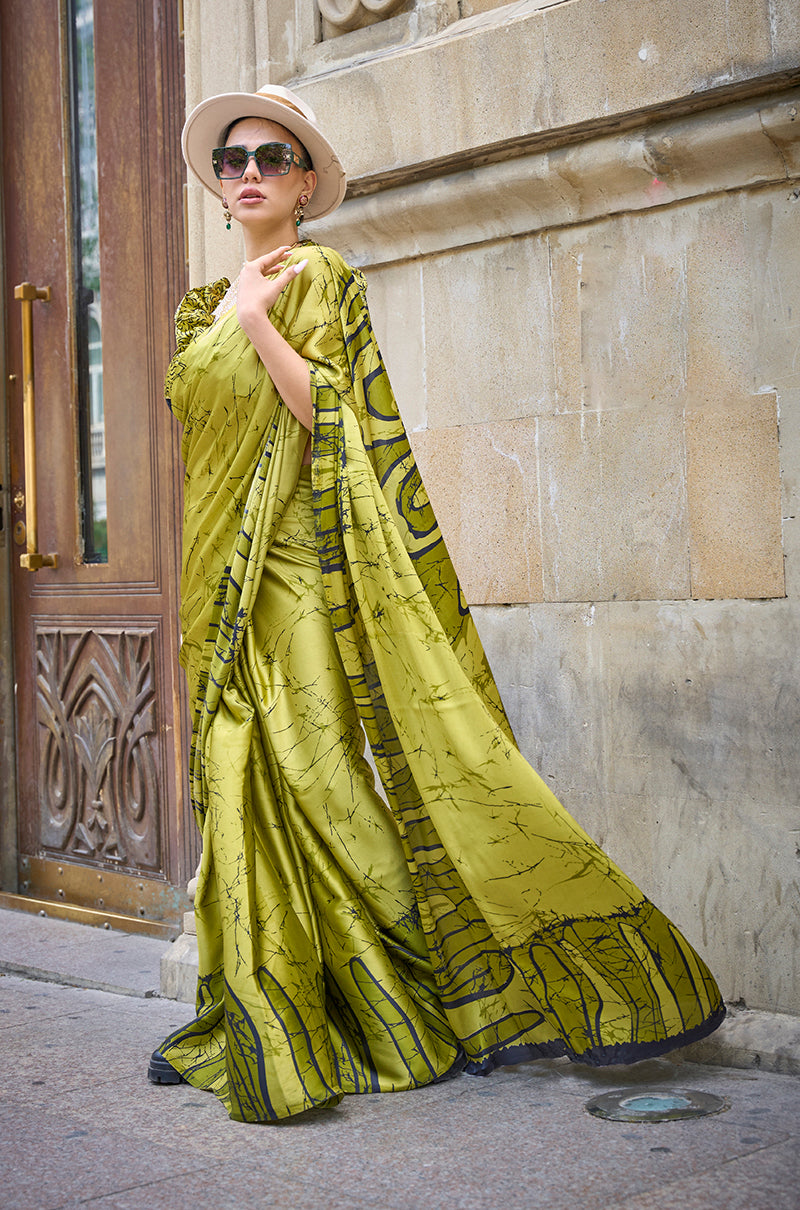 Lime Green Satin Silk Saree with Vibrant Digital Prints