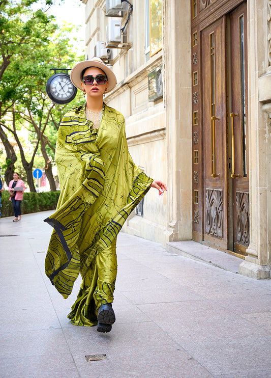 Lime Green Satin Silk Saree with Vibrant Digital Prints