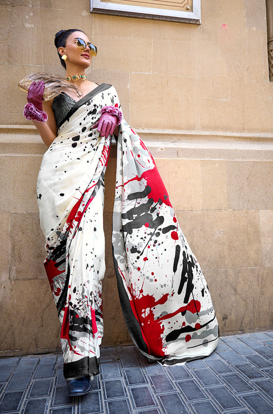 Cream Satin Silk Saree with Vibrant Digital Prints