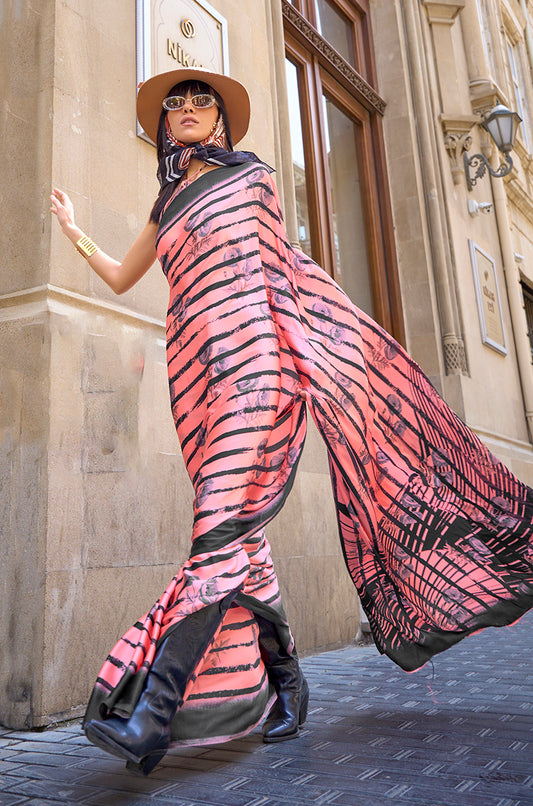 Peach Satin Silk Saree with Vibrant Digital Prints